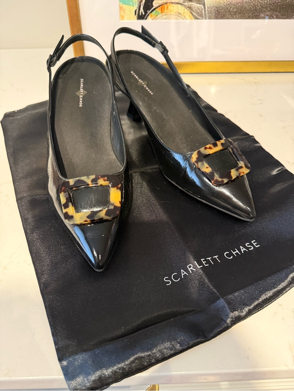 Scarlett Chase Black Patent Slingback Pointed Toe Pumps w/ Tortoiseshell Buckle